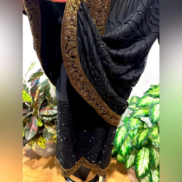 Vintage Brilliante by J.A. 100% silk beaded with black & Gold midi dress size XL - Picture 12 of 16